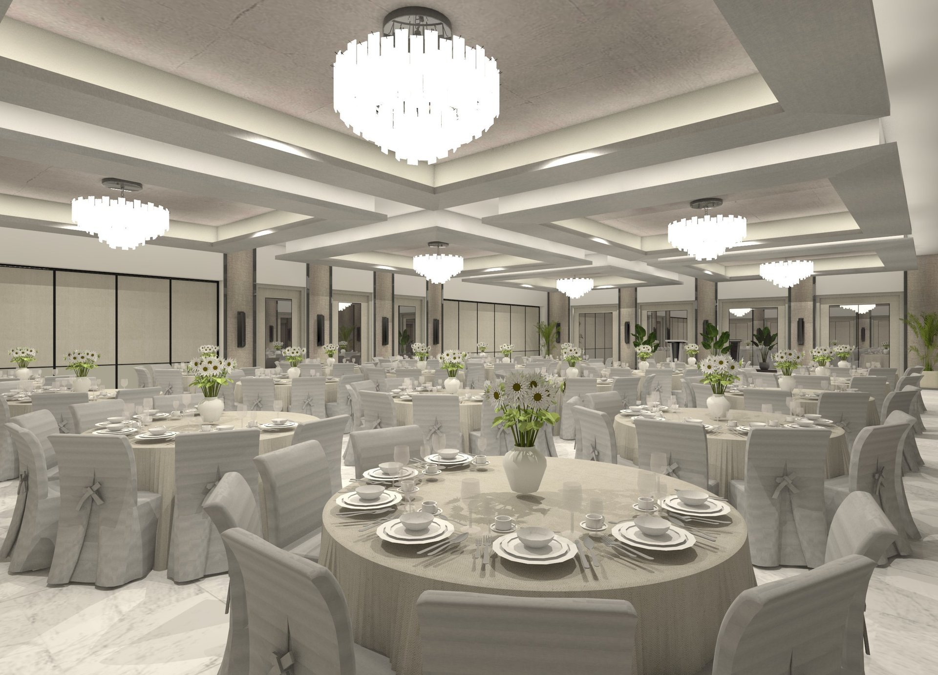 Elegant contemporary ballroom interior with seating arrangements and warm lighting