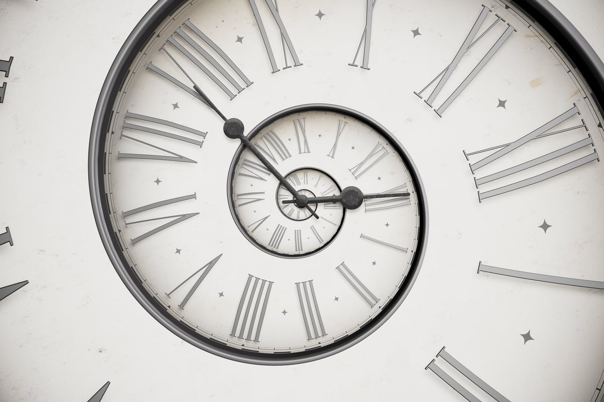 Vintage distressed white spiral clock dial with roman numerals. Concept of Infinite time, deadline, scheduling, time and space, past, present and future.