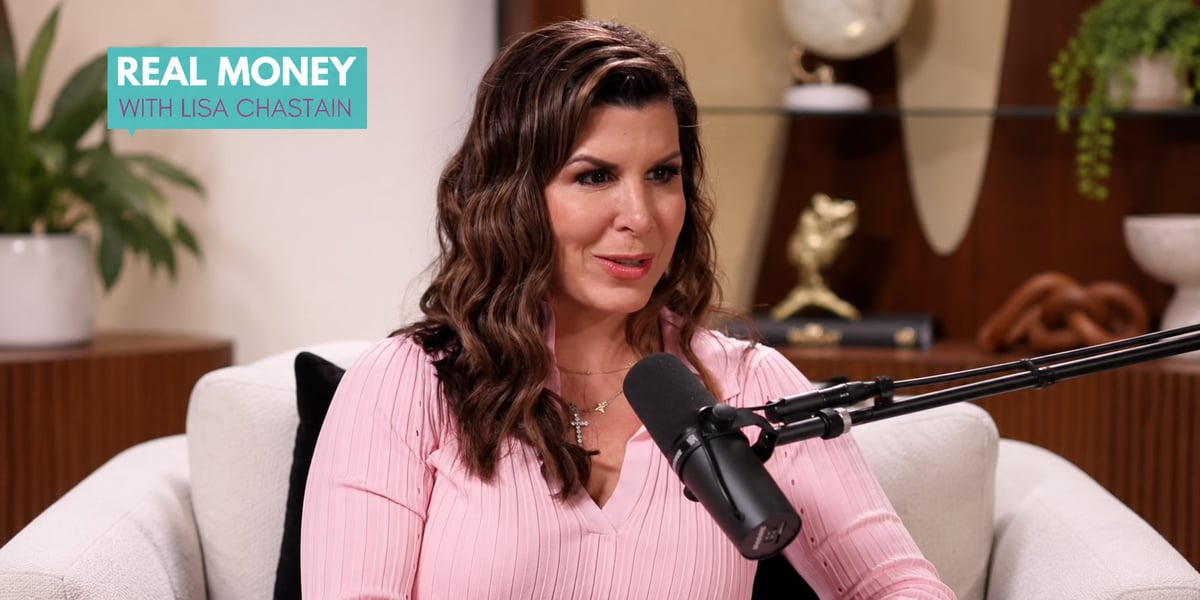 Woman in pink top speaking into microphone during podcast interview, Real Money with Lisa Rubin segment
