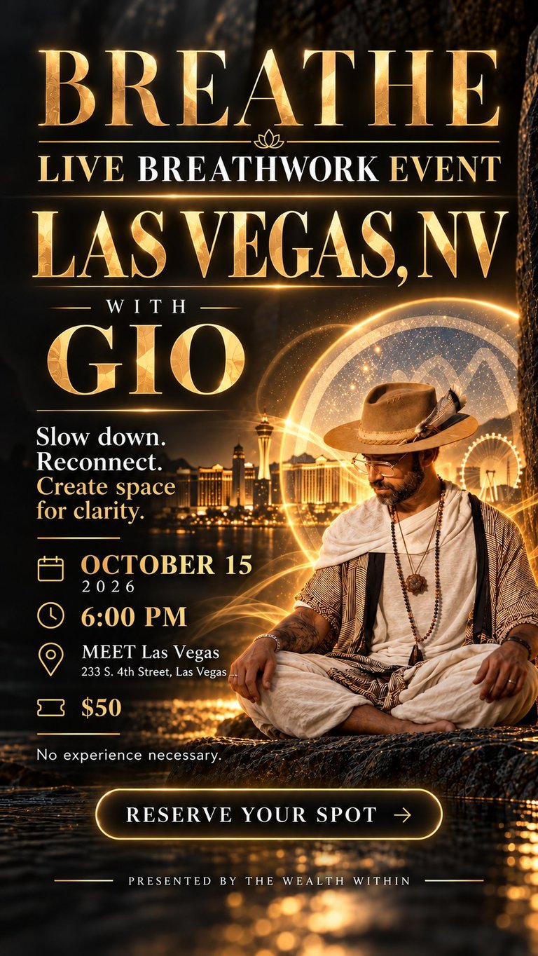 BREATHE event poster featuring a man in a meditation pose with the Las Vegas skyline and glowing lights in the background