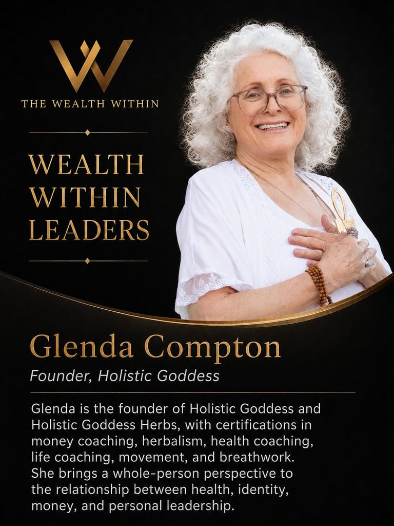 Glenda Compton, Founder of Holistic Goddess, featured in Wealth Within Leaders program. Professional headshot of woman with white hair and glasses against black background.