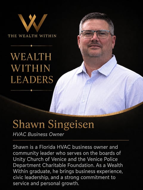 Portrait of Shawn Singeisen, HVAC Business Owner, featured in Wealth Within Leaders program against black background