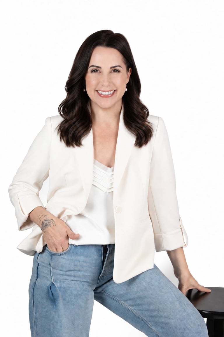Professional headshot of a smiling woman with dark wavy hair wearing a white blazer and blue jeans against a white background