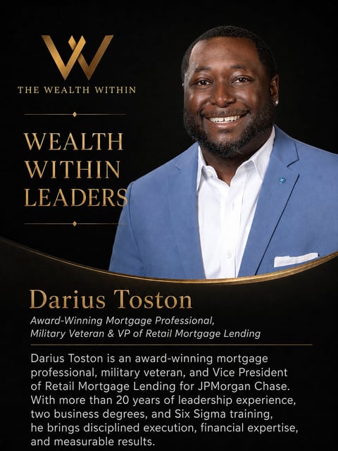 Professional portrait of Darius Toston, an award-winning mortgage professional and military veteran, wearing a blue blazer against a black background with gold text and branding.