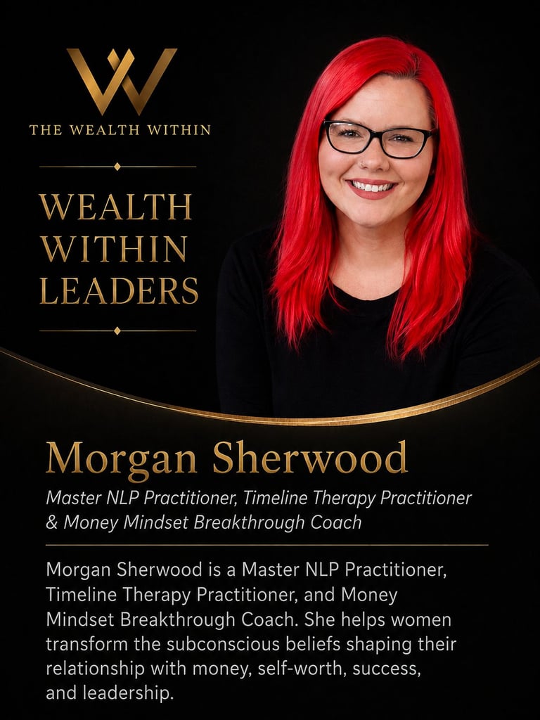 Morgan Sherwood, Master NLP Practitioner and Money Mindset Coach, featured in Wealth Within Leaders profile with red hair and black blazer against dark background