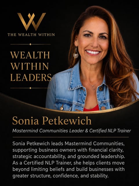 Sonia Petkewich, Mastermind Communities Leader and Certified NLP Trainer, featured in Wealth Within Leaders program promotional image