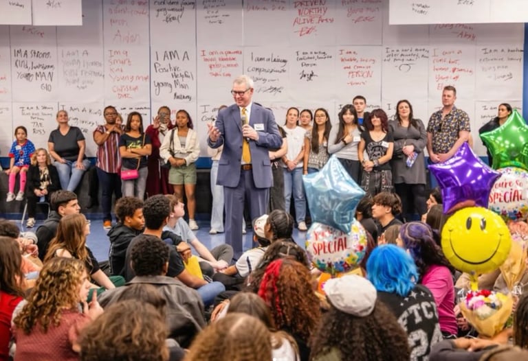 An adult speaker in a blue suit addresses a large group of seated children in front of a wall covered with handwritten notes and colorful balloons.