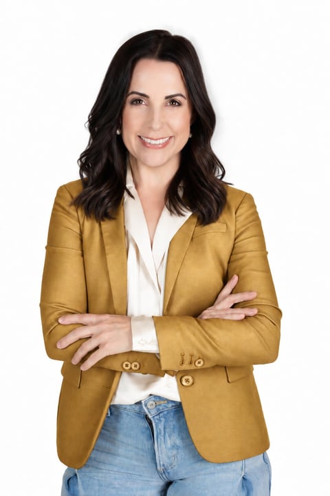 Professional headshot of a smiling woman wearing a gold blazer and white shirt with blue jeans against a white background